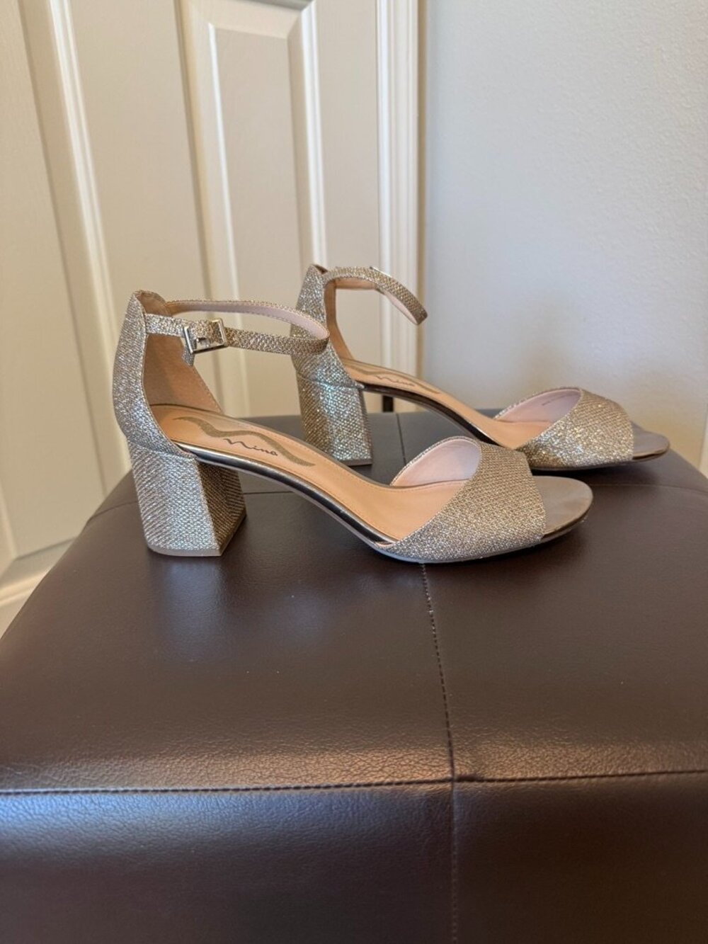 Nina Silver Glitter Block Heel Ankle Strap Sandals Women's Dress Heels